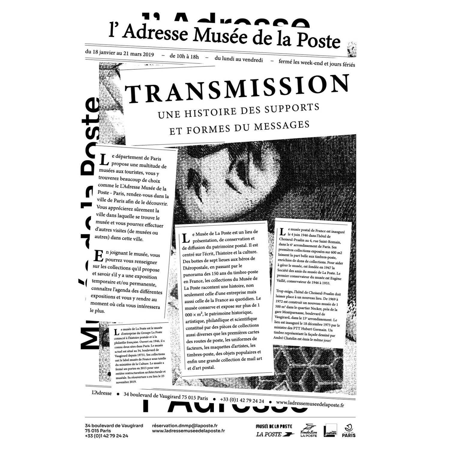 Affiche blanche ladresse transmission, musée de La Poste, identité visuelle par Florent Andarelli